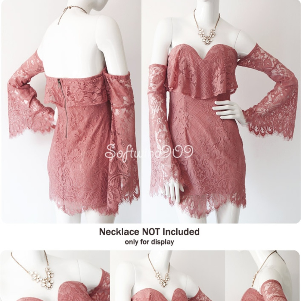 Last☝️Pink Ruffle Off Shoulder Lace Cocktail Dress - Picture 7 of 8